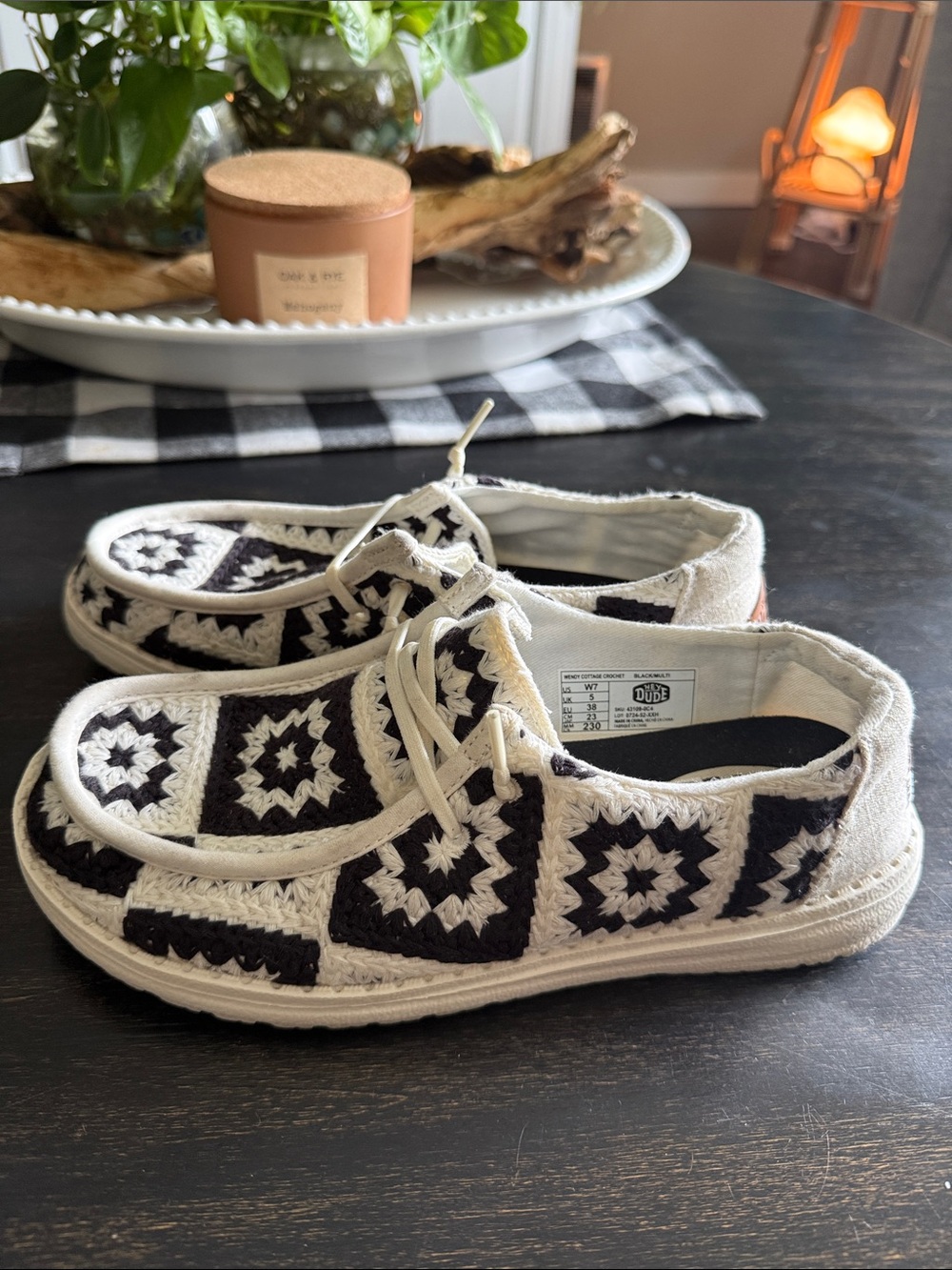 HEY DUDE Black & White Crochet WOMENS Shoes - Casual Slip-On Sneakers